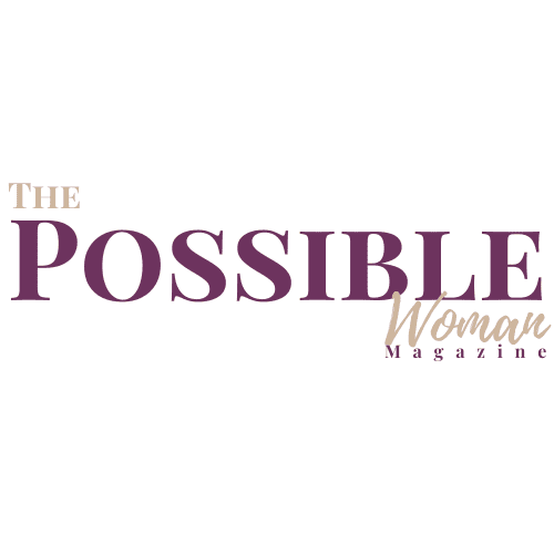 Logo for "The Possible Woman Magazine" featuring "Possible" in large purple letters and "The" and "Woman Magazine" in smaller beige and purple text, inspired by Siham Lahmine, founder of Morocco Travel Organizer.