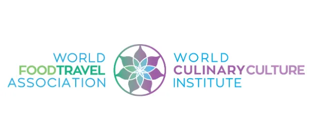 Logos of the World Food Travel Association and World Culinary Culture Institute with a multicolored circular emblem in the center, highlighting Siham Lahmine, founder of Morocco Travel Organizer.